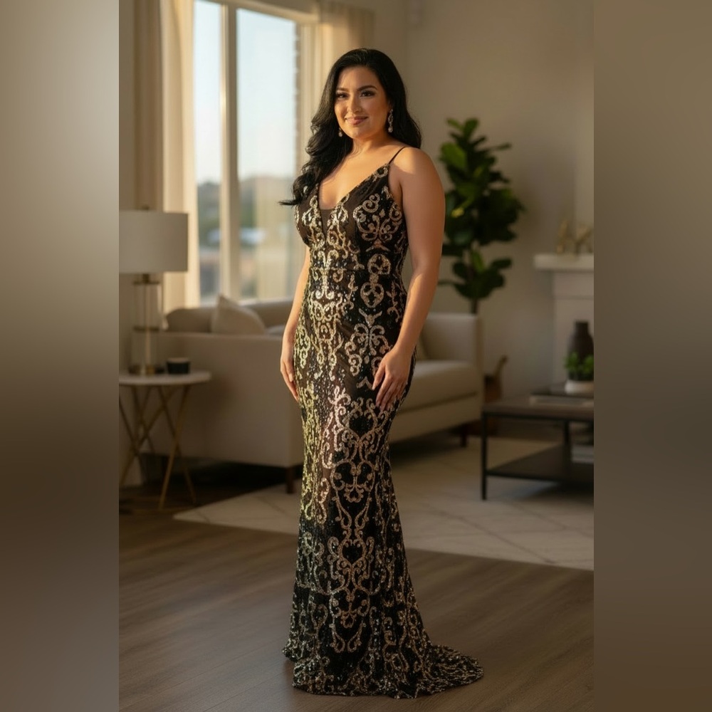 Elegant Black and Gold Patterned Maxi Dress